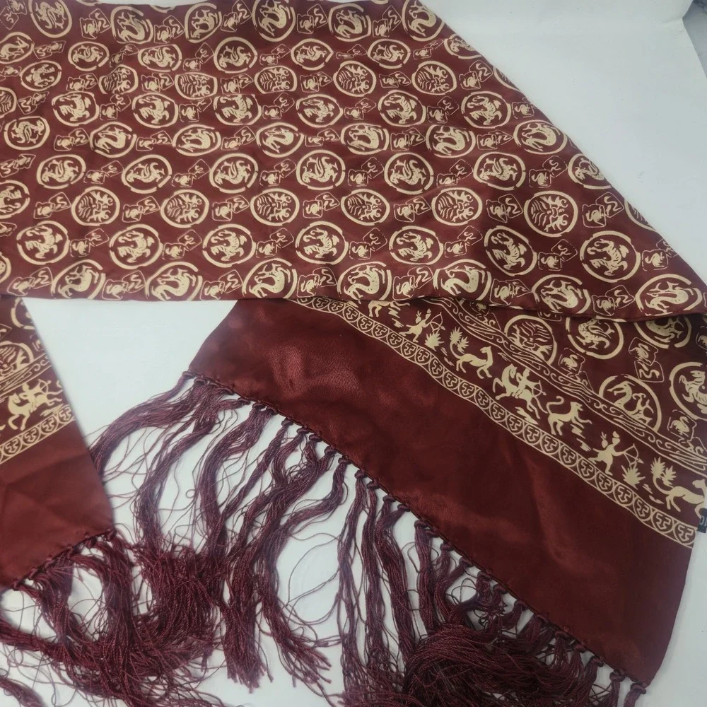 Vintage 100% Silk Scarf Burgundy Gold Dragon Medallions Tassel Fringe 48